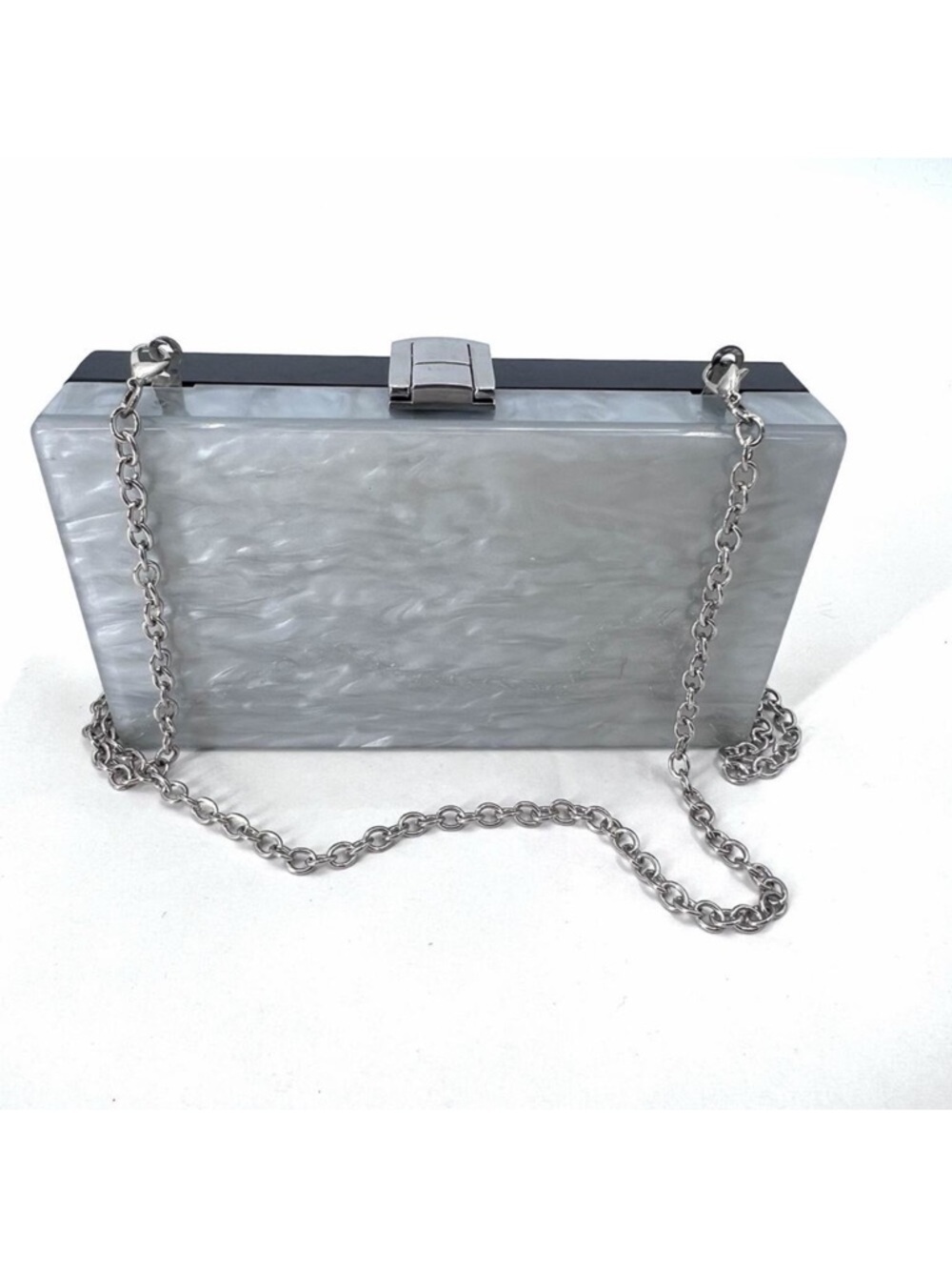 Kate Landry Silver & Black Pearly Lucite Box Clutch Cross Body Evening Handbag